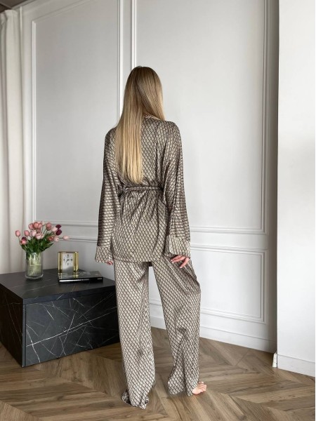 Жіночий шовковий домашній комплект кофейного кольору 31525