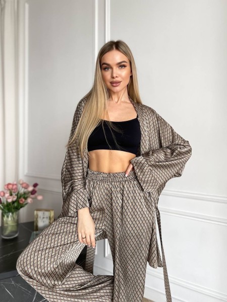 Жіночий шовковий домашній комплект кофейного кольору 31525