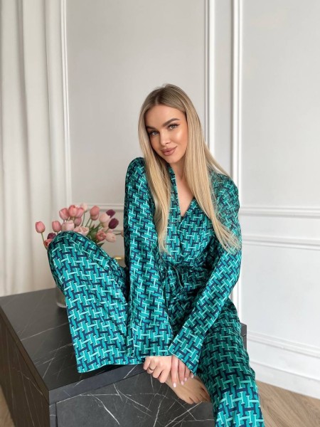 Жіночий шовковий домашній комплект бiрюзового кольору 31527