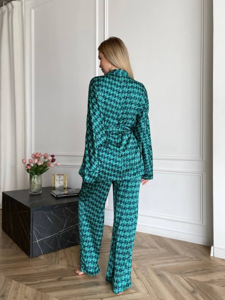 Жіночий шовковий домашній комплект бiрюзового кольору 31527