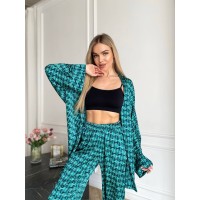 Жіночий шовковий домашній комплект бiрюзового кольору 31527