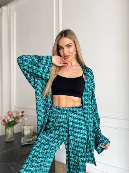 Жіночий шовковий домашній комплект бiрюзового кольору 31527
