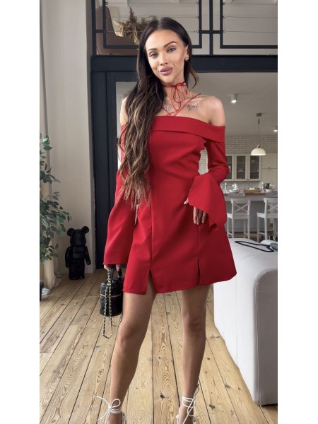Классическое платье мини с открытыми плечами красного цвета 31552