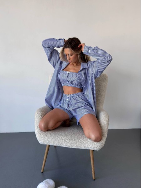 Домашній комплект трійка (шорти+сорочка+топ) у смужку синього кольору 31557