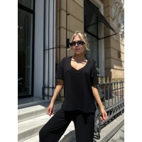 Жіночий прогулянковий костюм у рубчик чорного кольору 31580