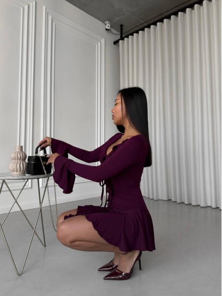 Легка сукня міні з воланами бордового кольору 31602