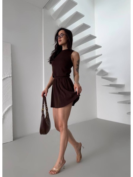 Женский легкий костюм 2-ка с юбкой коричневого цвета 31655