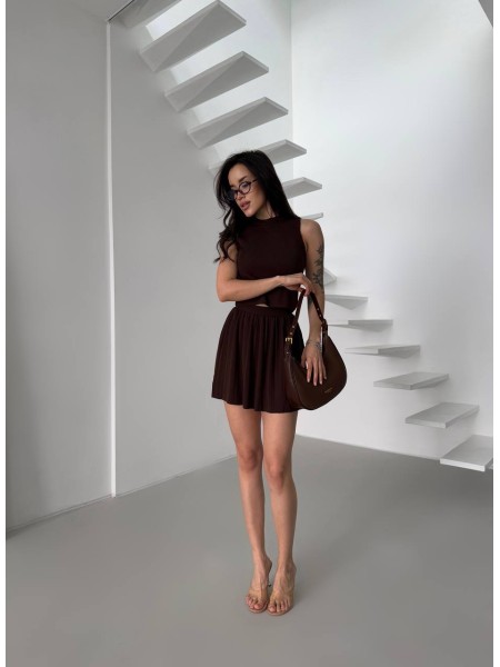 Женский легкий костюм 2-ка с юбкой коричневого цвета 31655