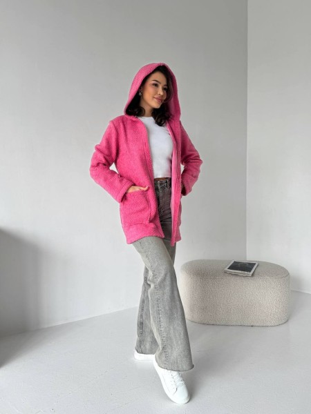 Жіночий кардиган iз букле з капюшоном малинового кольору 31657