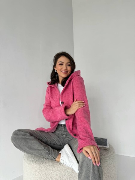 Жіночий кардиган iз букле з капюшоном малинового кольору 31657