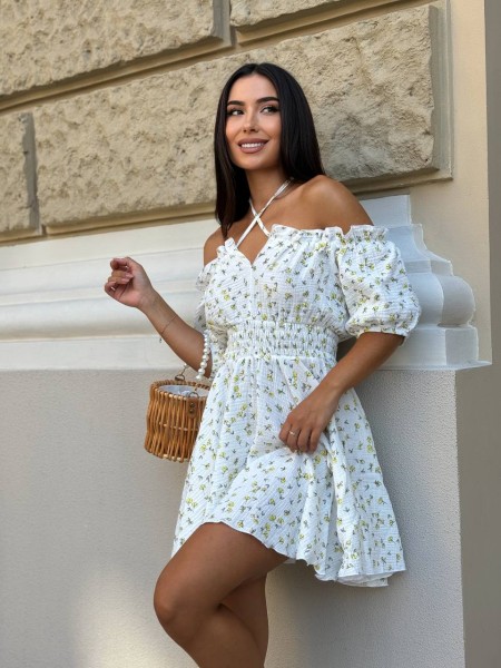 Муслиновое платье мини в желтый цветок молочного цвета 31691