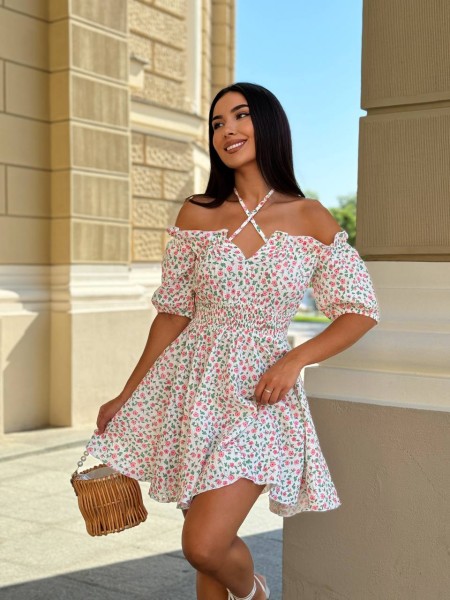 Муслиновое платье мини в малинову цветок молочного цвета 31694