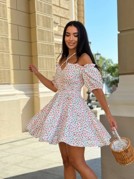 Муслиновое платье мини в малинову цветок молочного цвета 31694