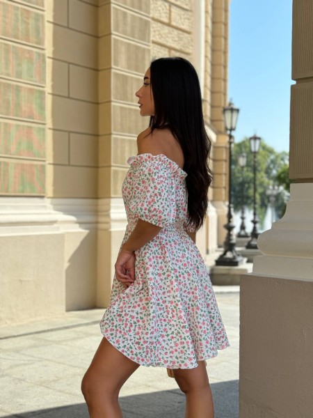 Муслиновое платье мини в малинову цветок молочного цвета 31694