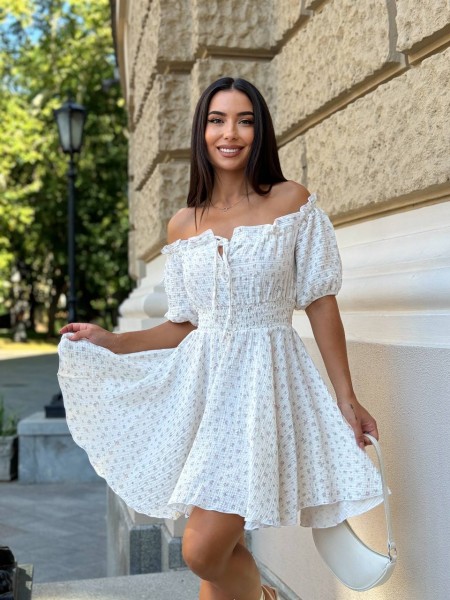 Муслінове плаття міні в бежеву квітку молочного кольору 31695