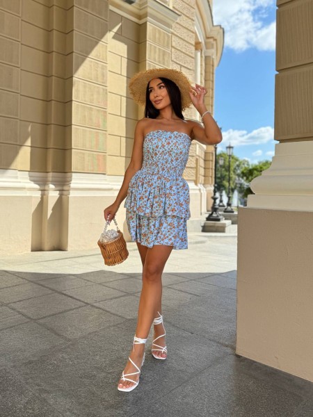 Пышное платье мини в цветок мятного цвета 31700