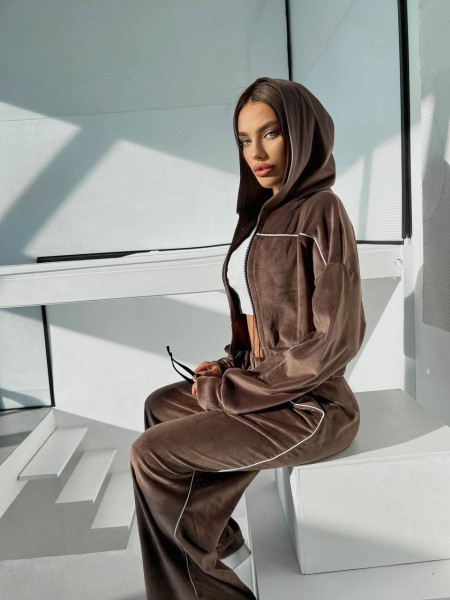 Велюровий жіночий костюм з капюшоном коричневого кольору 31708