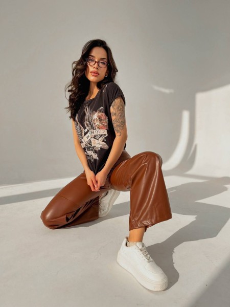 Жіночі штани з еко-шкіри коричневого кольору 31713