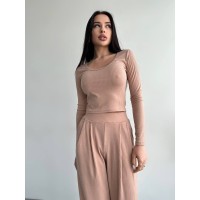 Жіночий прогулянковий костюм у рубчик бежевого кольору 31719