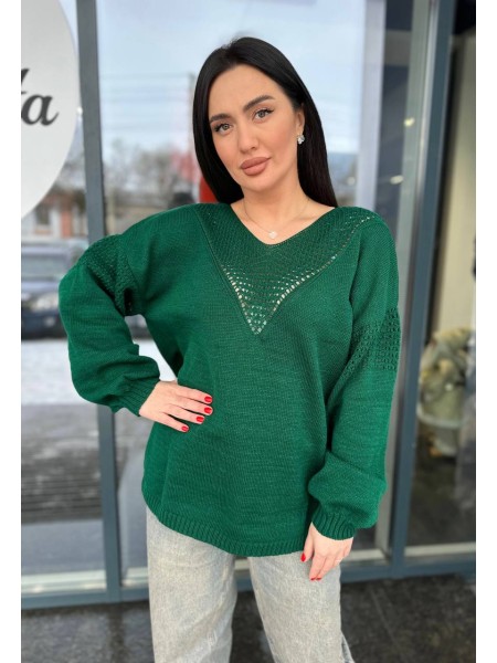 Легкий жіночий светр із вирізом зеленого кольору 31728