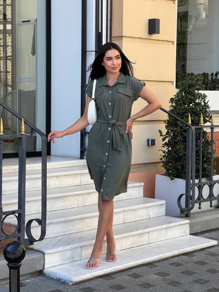 Легкое платье на пуговицах цвета хаки 31799