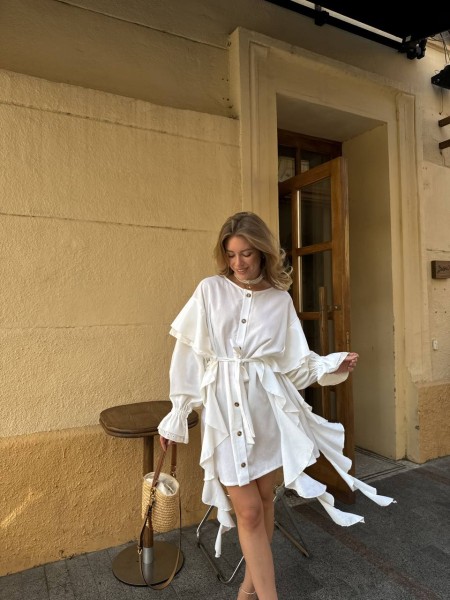 Легкое платье-рубашка с воланами молочного цвета 31806