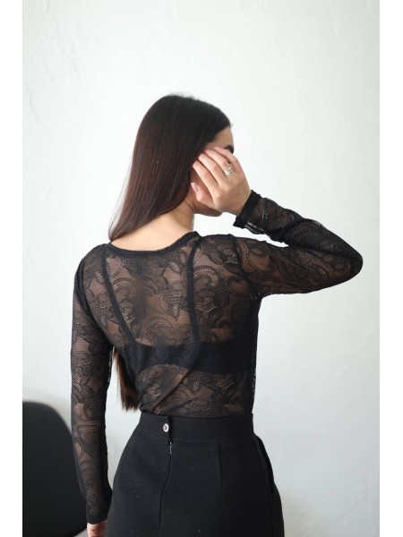 Жіночий лонгслів з мережива чорного кольору 31845