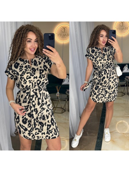 Легка сукня міні з поясом бежевого кольору 31849