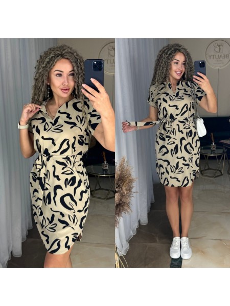 Легка сукня міні з поясом бежевого кольору 31850