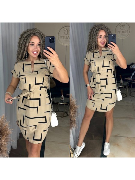 Легкое платье мини с поясом бежевого цвета 31851