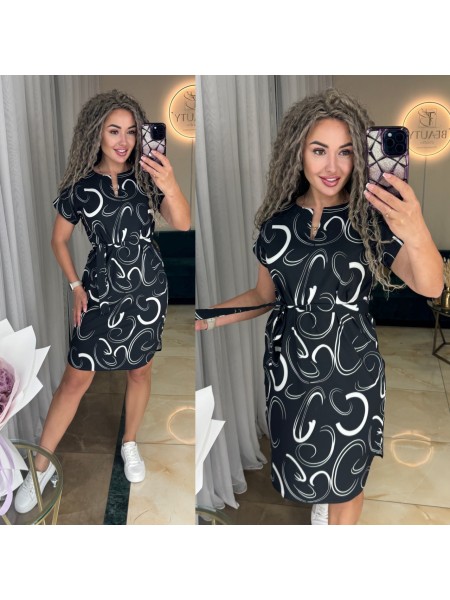 Легкое платье мини с поясом черного цвета 31852