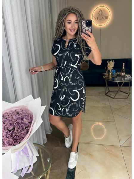 Легкое платье мини с поясом черного цвета 31852