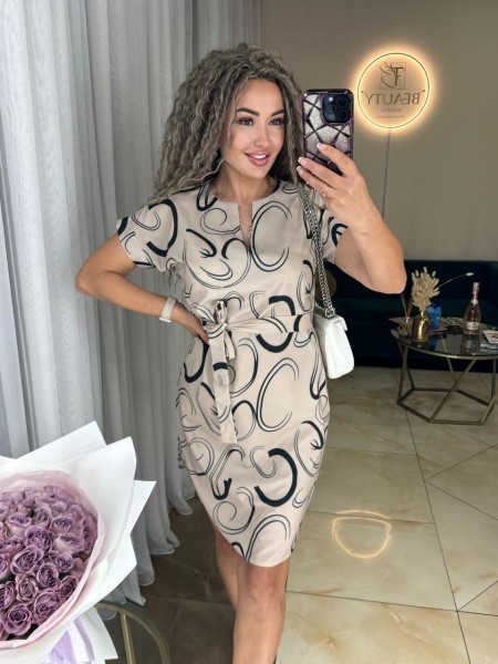 Легкое платье мини с поясом бежевого цвета 31855