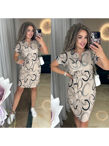 Легкое платье мини с поясом бежевого цвета 31855