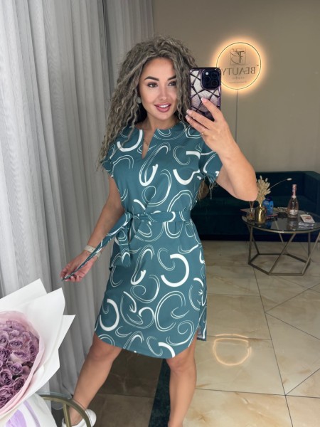 Легкое платье мини с поясом фисташкового цвета 31856