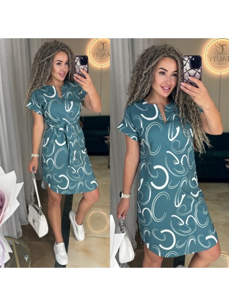 Легкое платье мини с поясом фисташкового цвета 31856