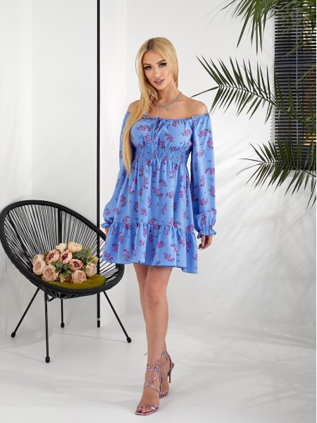 Легкое платье мини с рукавом в цветок голубого цвета 31858