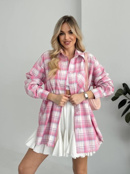 Жіноча фланелева сорочка в клітинку пудрового кольору 31863