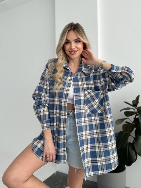 Жіноча фланелева сорочка в клітинку синього кольору 31866