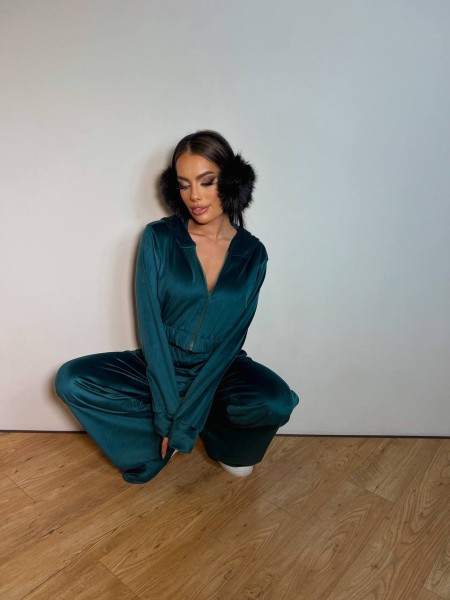 Велюровый женский костюм на молнии изумрудного цвета 31893