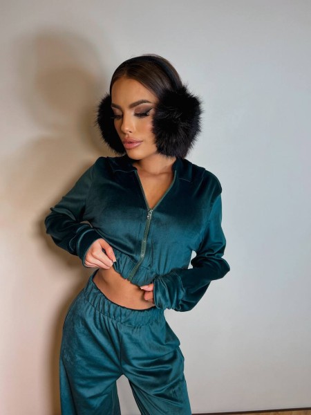 Велюровый женский костюм на молнии изумрудного цвета 31893