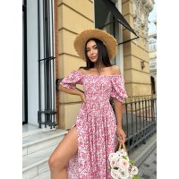 Повітряна сукня міді в квітку з відкритими плечима рожевого кольору 31897