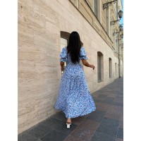Воздушное платье миди в цветок с открытыми плечами голубого цвета 31908