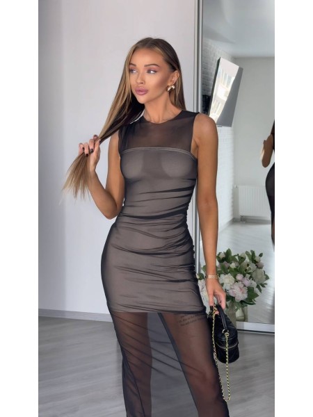 Легка комбінована сукня міні з сіткою чорного кольору 31966