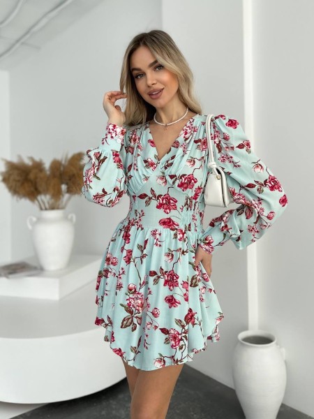 Легкое платье-комбинезон мини в цветок мятного цвета 31977