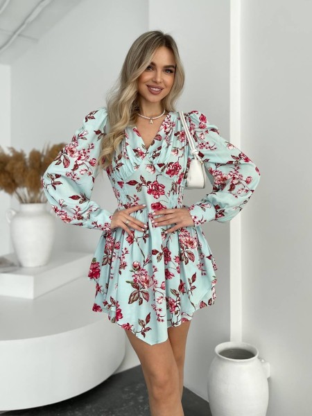 Легкое платье-комбинезон мини в цветок мятного цвета 31977