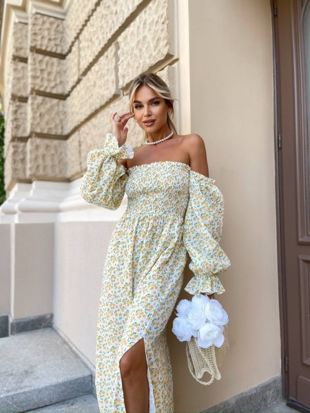 Довга муслінова сукня в квітку жовтого кольору 31980