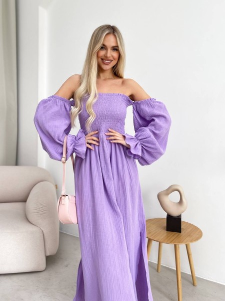 Довга муслінова сукня бузкового кольору 31984