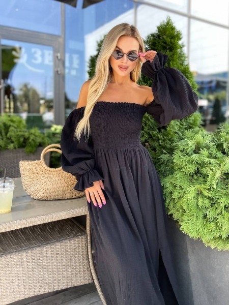 Довга муслінова сукня чорного кольору 31985