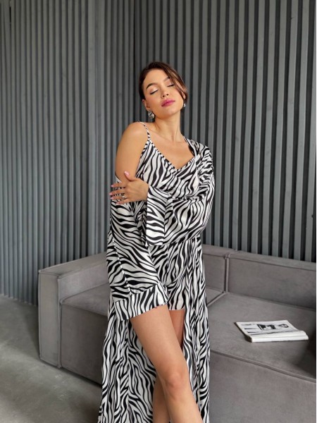 Жіночий шовковий домашній комплект 3-ка зебра білого кольору 32023